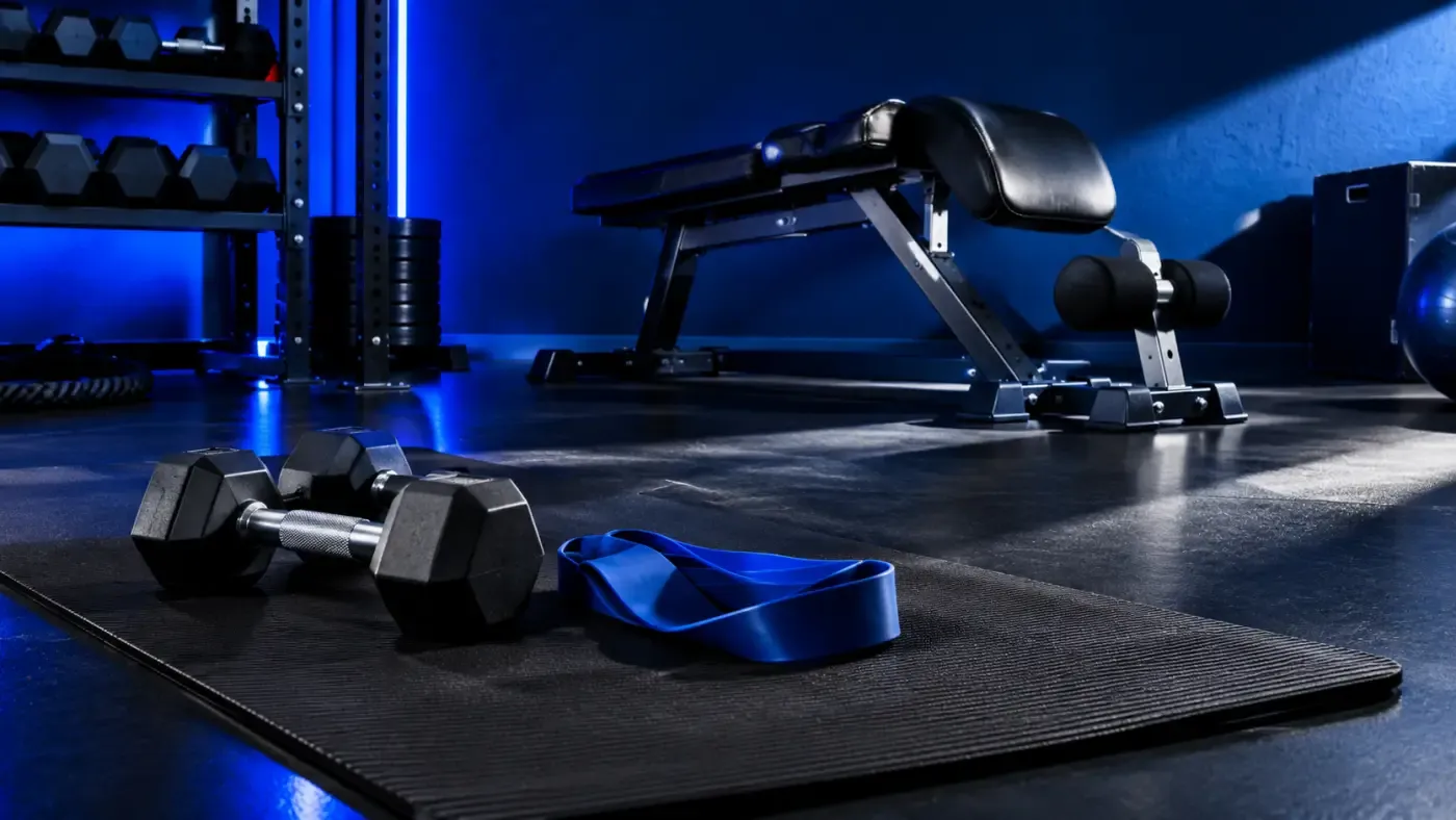 Salle de sport intimiste avec tapis de sol, haltères et élastique de résistance, mur bleu profond, ambiance studio premium