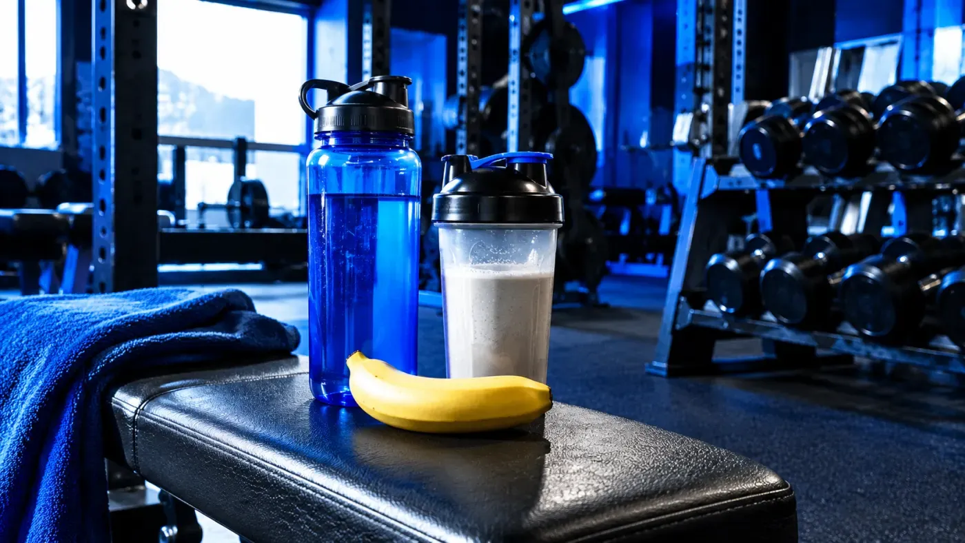 Gourde d'eau, banane et shaker de protéine sur un banc de musculation, mur bleu profond, ambiance studio premium