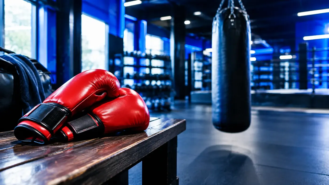 Gants de boxe rouges posés sur un banc en bois dans un studio de sport au mur bleu profond, sac de frappe flou en arrière-plan