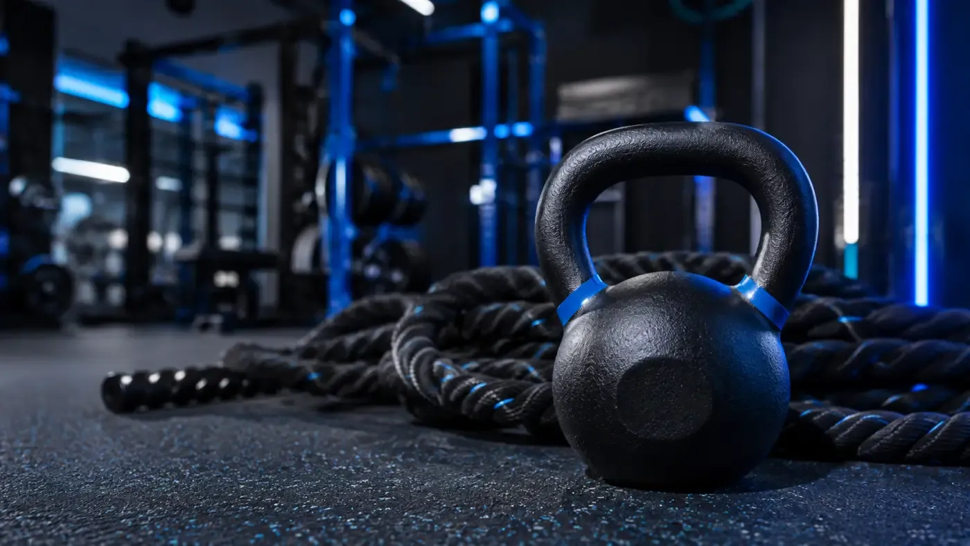 Salle de sport intimiste avec kettlebell et corde de battle rope au sol, mur bleu profond, ambiance studio premium