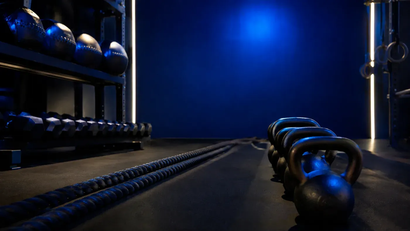 Salle de sport intimiste avec kettlebells et corde d'entraînement, mur bleu profond, ambiance studio premium