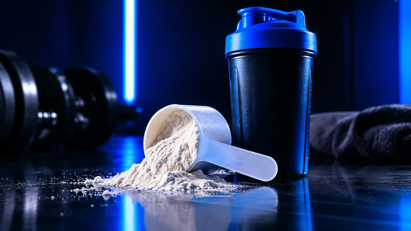Gros plan sur une cuillère doseuse de complément protéiné et un shaker sur un sol de studio sombre, mur bleu profond, ambiance premium