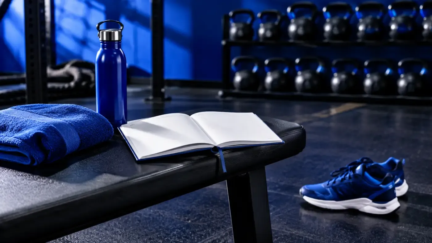 Agenda ouvert sur un banc de salle de sport avec gourde bleue, serviette et baskets, rack de kettlebells flou, ambiance bleu électrique