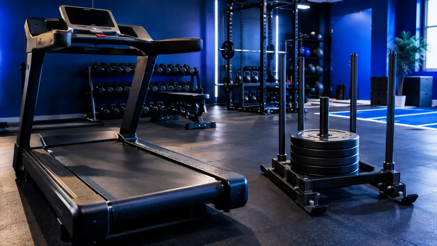 Tapis de course et sled dans un studio de sport au mur bleu profond, ambiance premium