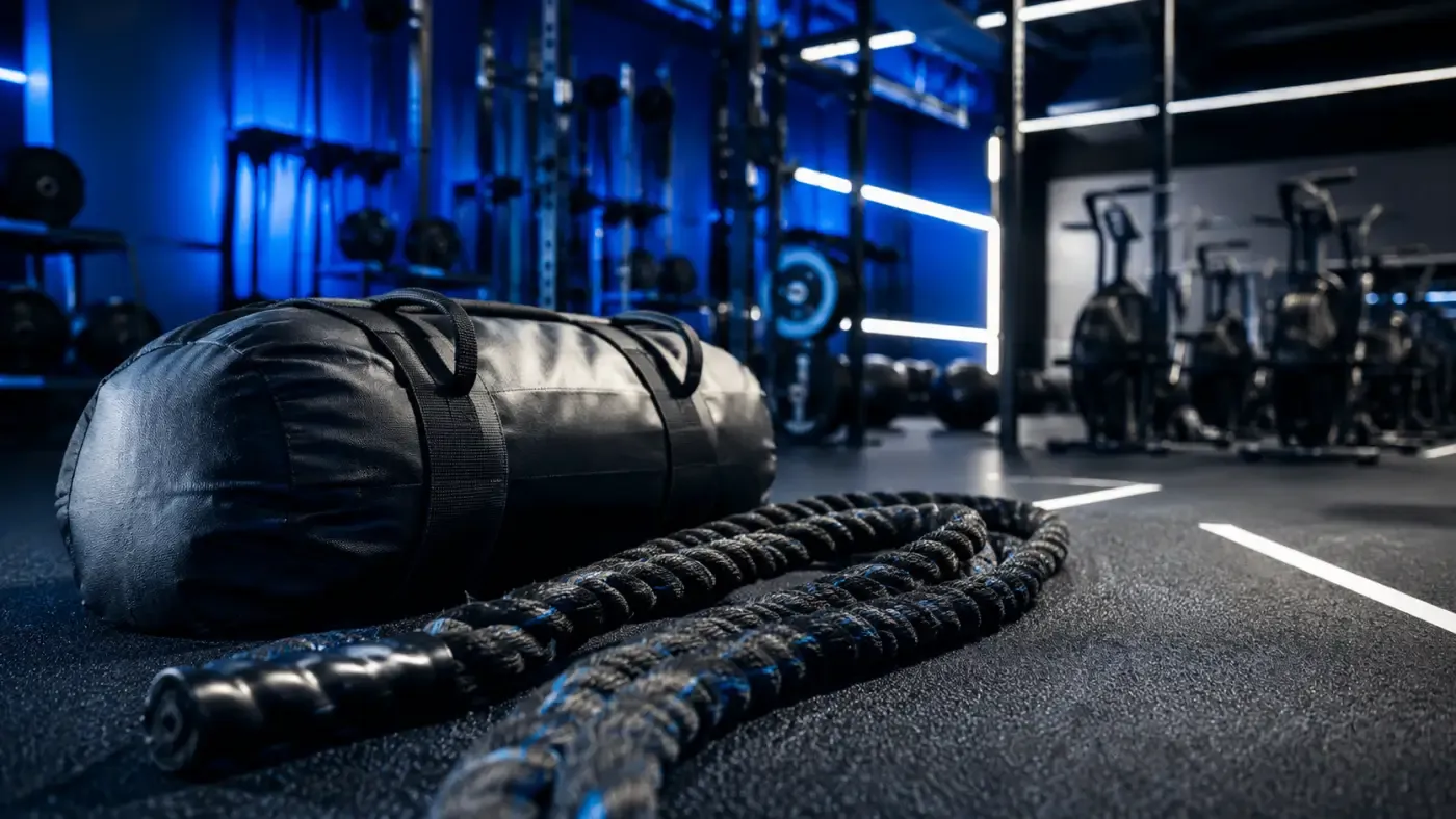 Salle de sport intimiste avec sac de sable et corde d'entraînement au sol, mur bleu profond, ambiance studio premium