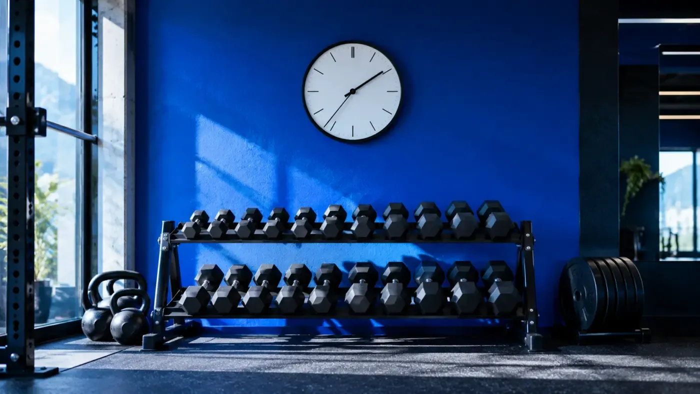 Horloge murale minimaliste au-dessus d'un rack d'haltères dans un studio de sport au mur bleu profond, ambiance premium