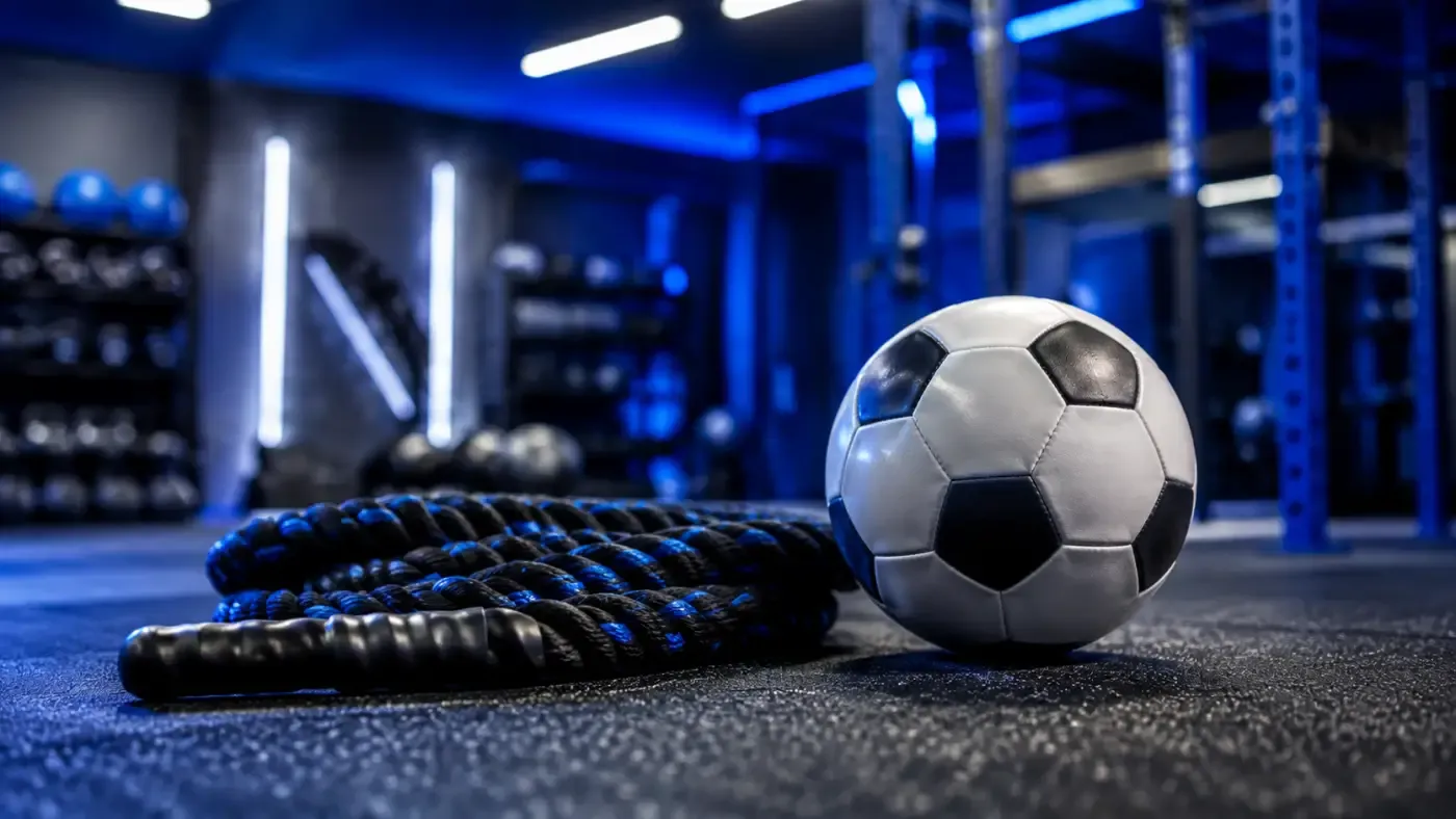 Salle de sport intimiste avec ballon de football et corde d'entraînement au sol, mur bleu profond, ambiance studio premium