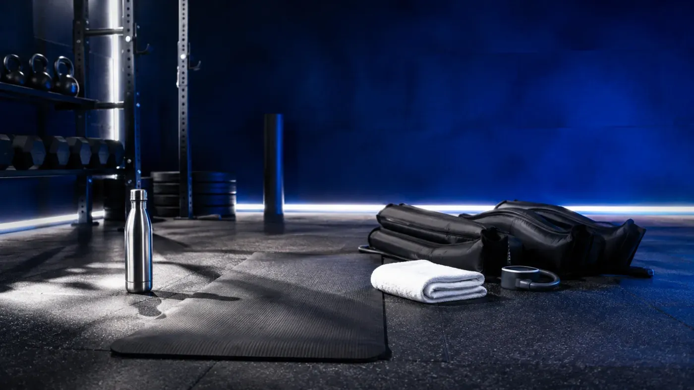 Tapis de sol, bouteille d'eau et bottes de compression dans un studio de sport au mur bleu profond, ambiance premium