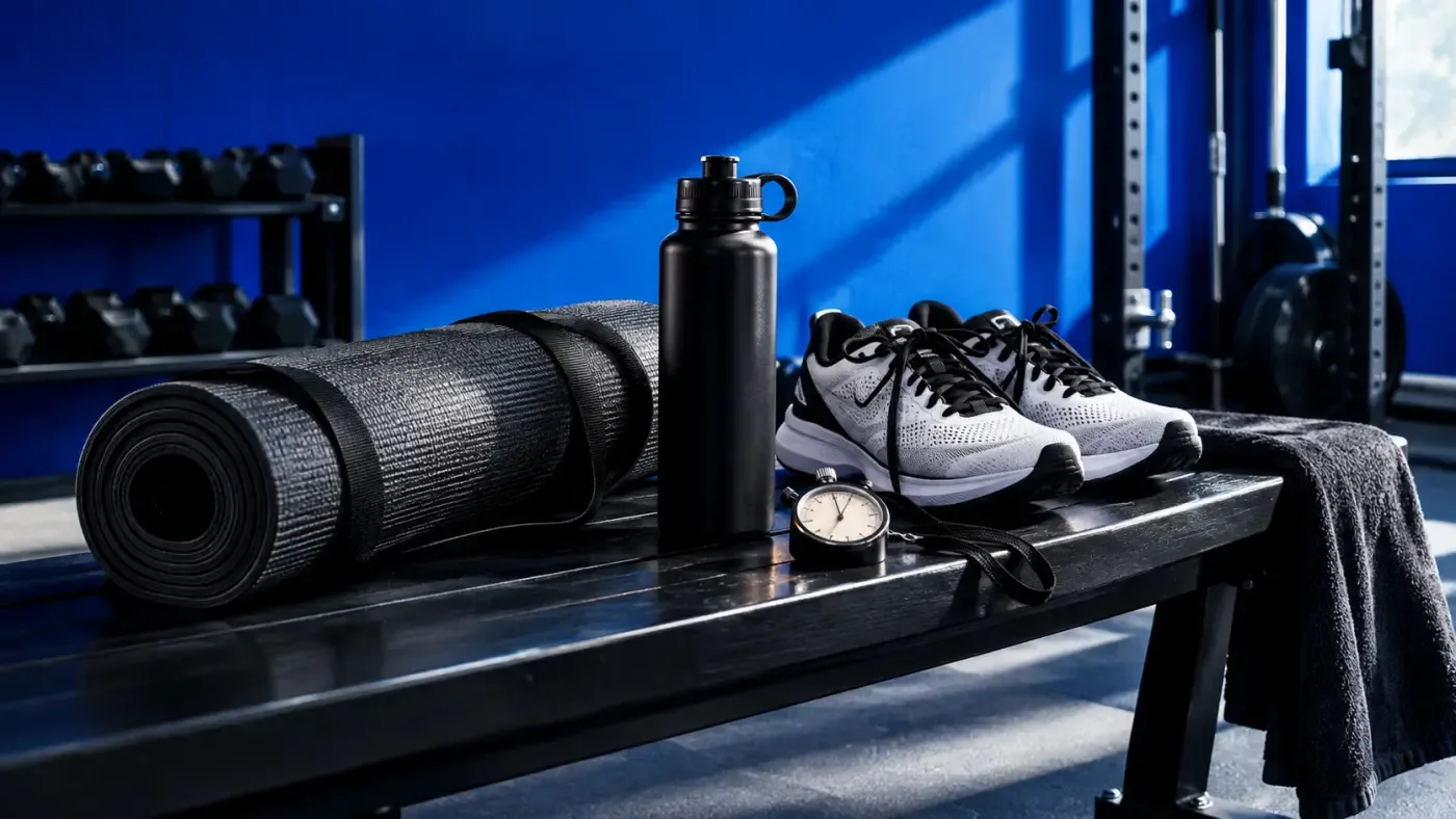 Tapis de sol, gourde et baskets posés dans un studio de sport au mur bleu électrique, éclairage latéral dramatique, ambiance premium