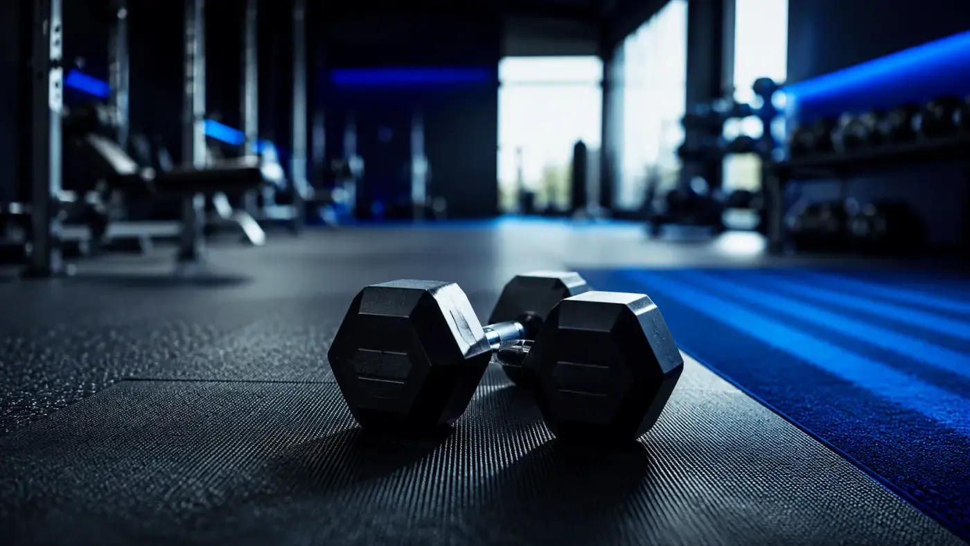 Salle de sport intimiste avec haltères et tapis d'entraînement au sol, mur bleu profond, ambiance studio premium