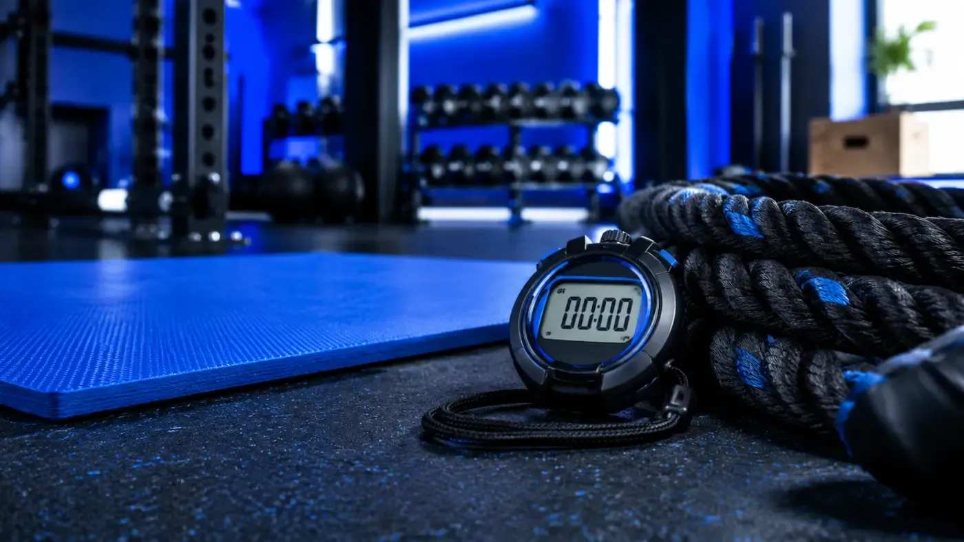 Salle de sport intimiste avec chronomètre et tapis de sol, mur bleu profond, ambiance studio premium