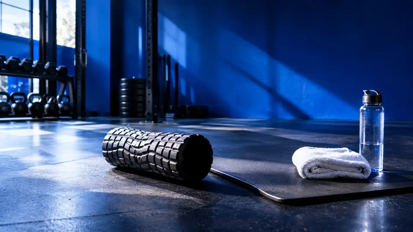 Rouleau de massage et tapis de sol dans un studio de sport au mur bleu profond, ambiance premium